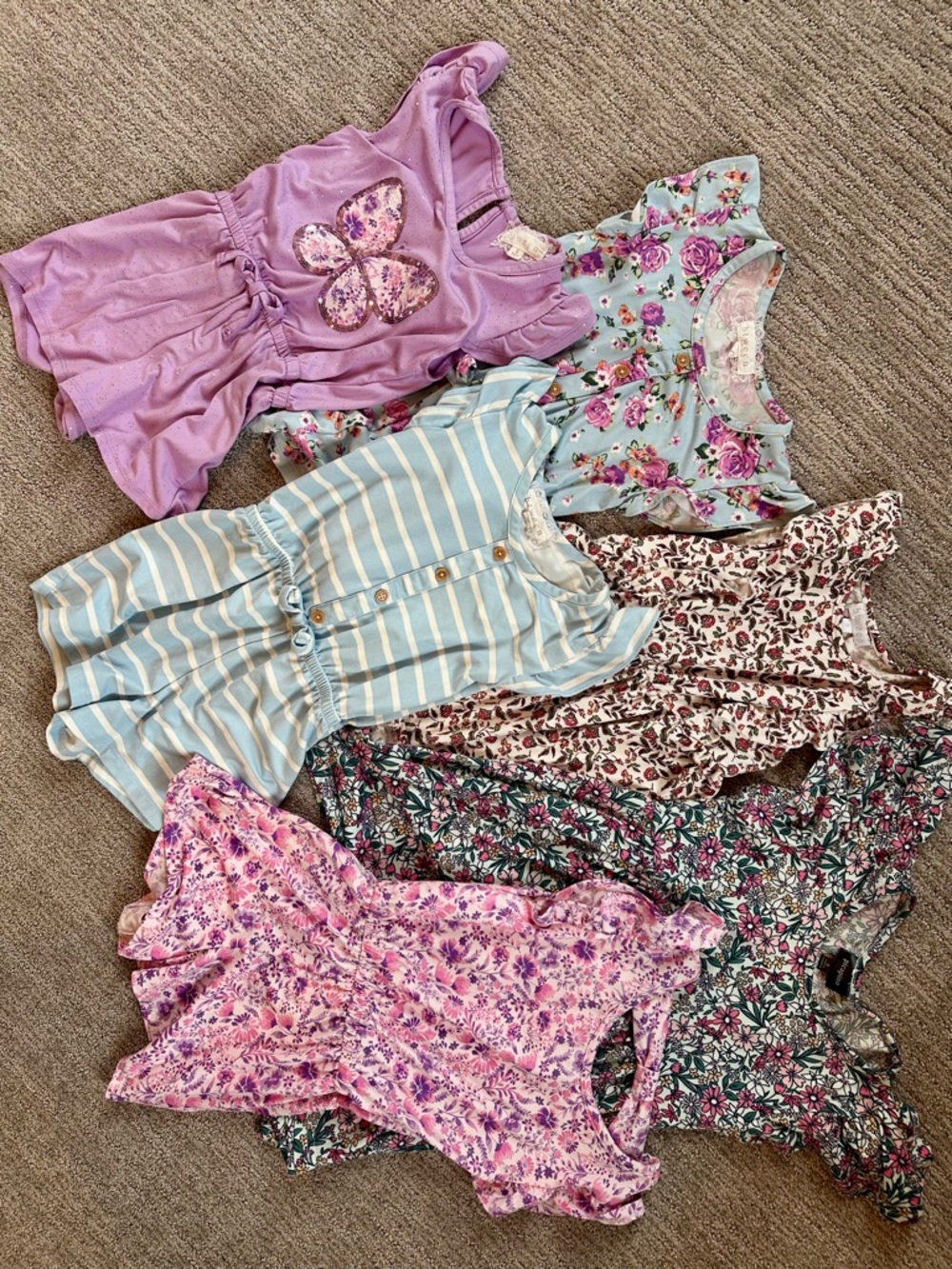 Girls Pink & Purple Floral and Striped Tops - Set of 6